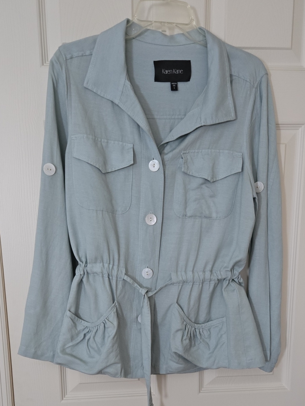 Karen Kane Sage Green Linen Utility Jacket with Tie Waist